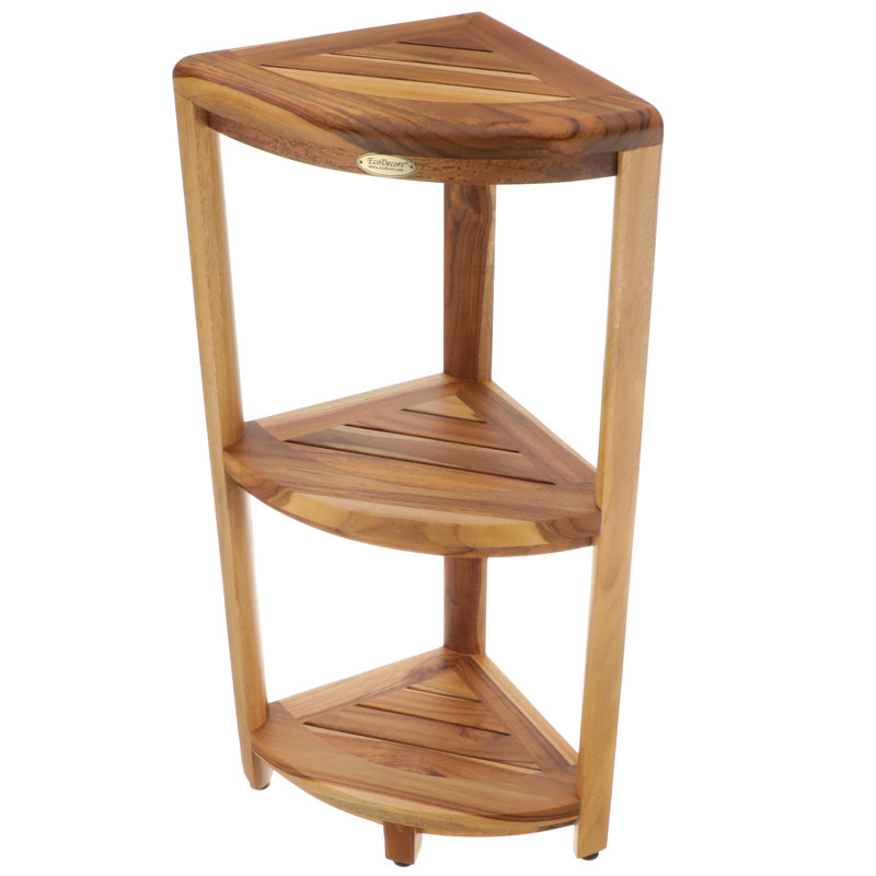 EcoDecors Snazzy Corner Natural ColorThree Tier Shelf Waterproof Teak Wood Shower Bench Stool Seat Chair For Inside Shower Provides Safety, Storage and Organization For Bathroom Accessories